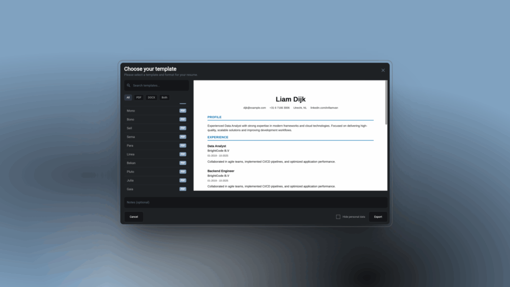 One-click export to DOCX/PDF with branded templates