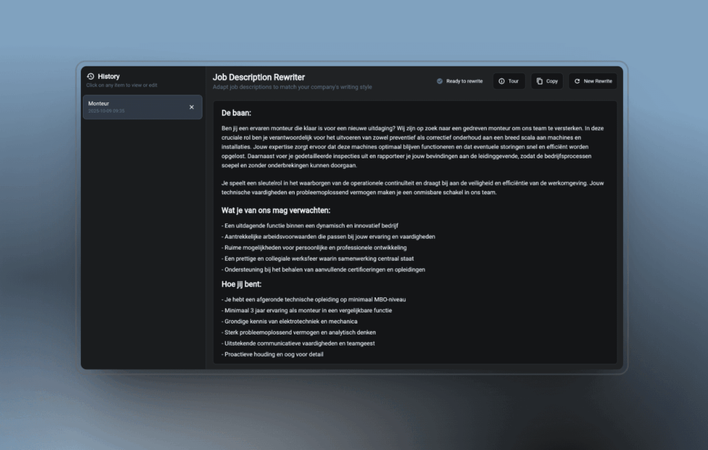Job rewriter result, get job descriptions instantly rewritten in your style
