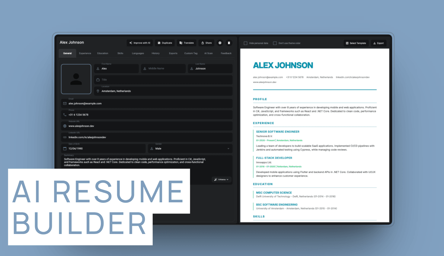 Screenshot of the Resumaro app dashboard showing AI-powered resume builder features, with options to edit, export, and collaborate on company-branded CVs.